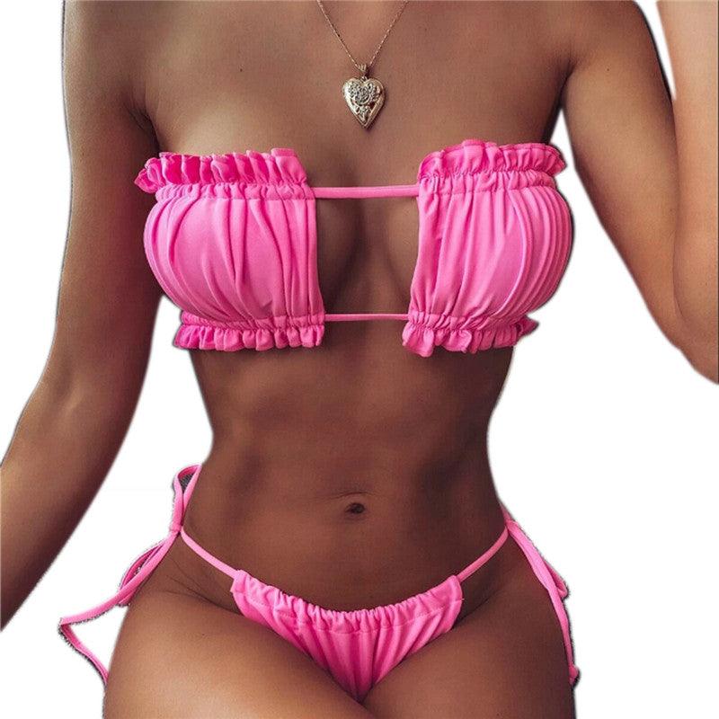 Folds Bikini Women Swimwear Bathing Suit Women's Ruffle Tie Side Bikini Set High Cut Strapless Padded Solid Bathing Suit Bikini Micro Swimsuit Female Push up Two-Piece Suit Summer Stevvex