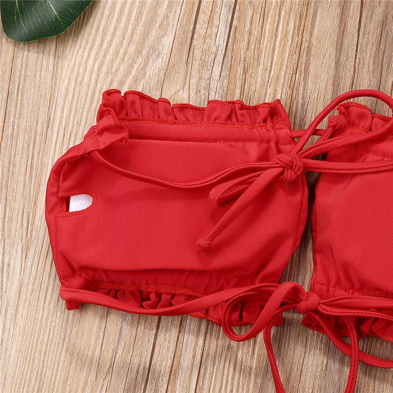 Folds Bikini Women Swimwear Bathing Suit Women's Ruffle Tie Side Bikini Set High Cut Strapless Padded Solid Bathing Suit Bikini Micro Swimsuit Female Push up Two-Piece Suit Summer Stevvex