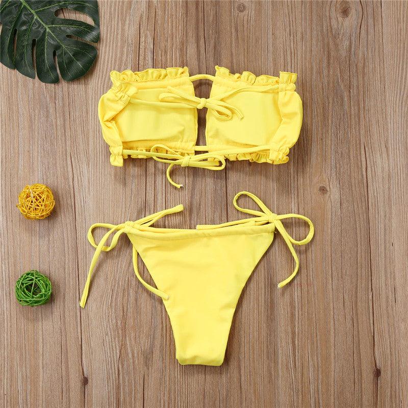 Folds Bikini Women Swimwear Bathing Suit Women's Ruffle Tie Side Bikini Set High Cut Strapless Padded Solid Bathing Suit Bikini Micro Swimsuit Female Push up Two-Piece Suit Summer Stevvex