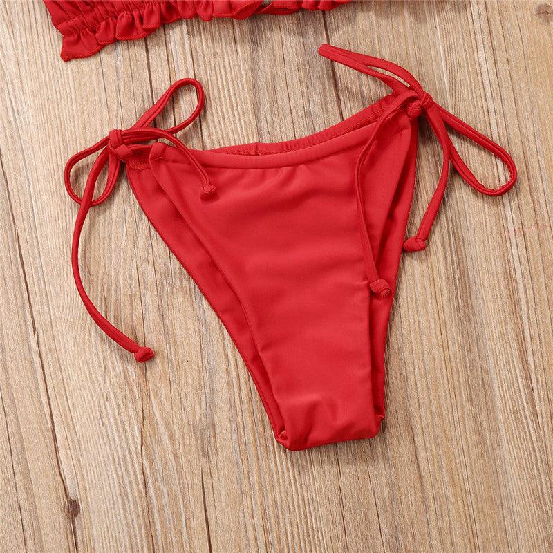 Folds Bikini Women Swimwear Bathing Suit Women's Ruffle Tie Side Bikini Set High Cut Strapless Padded Solid Bathing Suit Bikini Micro Swimsuit Female Push up Two-Piece Suit Summer Stevvex