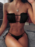 Folds Bikini Women Swimwear Bathing Suit Women's Ruffle Tie Side Bikini Set High Cut Strapless Padded Solid Bathing Suit Bikini Micro Swimsuit Female Push up Two-Piece Suit Summer Stevvex