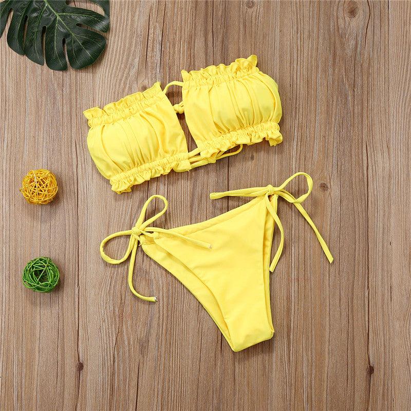 Folds Bikini Women Swimwear Bathing Suit Women's Ruffle Tie Side Bikini Set High Cut Strapless Padded Solid Bathing Suit Bikini Micro Swimsuit Female Push up Two-Piece Suit Summer Stevvex
