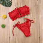 Folds Bikini Women Swimwear Bathing Suit Women's Ruffle Tie Side Bikini Set High Cut Strapless Padded Solid Bathing Suit Bikini Micro Swimsuit Female Push up Two-Piece Suit Summer Stevvex