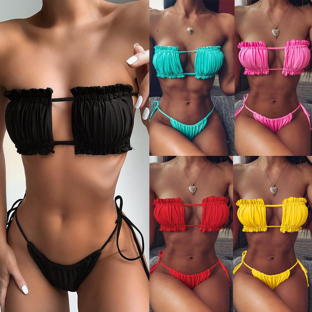 Folds Bikini Women Swimwear Bathing Suit Women's Ruffle Tie Side Bikini Set High Cut Strapless Padded Solid Bathing Suit Bikini Micro Swimsuit Female Push up Two-Piece Suit Summer Stevvex