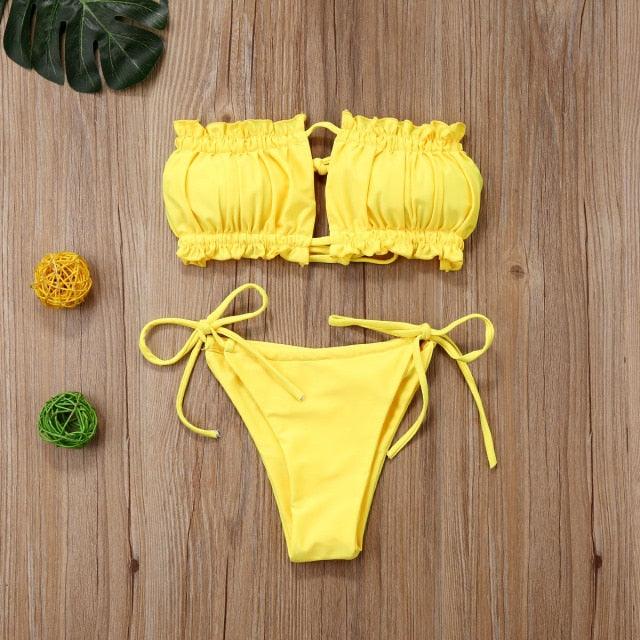 Folds Bikini Women Swimwear Bathing Suit Women's Ruffle Tie Side Bikini Set High Cut Strapless Padded Solid Bathing Suit Bikini Micro Swimsuit Female Push up Two-Piece Suit Summer Stevvex