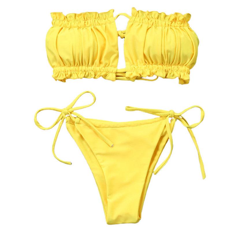 Folds Bikini Women Swimwear Bathing Suit Women's Ruffle Tie Side Bikini Set High Cut Strapless Padded Solid Bathing Suit Bikini Micro Swimsuit Female Push up Two-Piece Suit Summer Stevvex