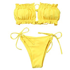 Folds Bikini Women Swimwear Bathing Suit Women's Ruffle Tie Side Bikini Set High Cut Strapless Padded Solid Bathing Suit Bikini Micro Swimsuit Female Push up Two-Piece Suit Summer Stevvex