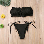 Folds Bikini Women Swimwear Bathing Suit Women's Ruffle Tie Side Bikini Set High Cut Strapless Padded Solid Bathing Suit Bikini Micro Swimsuit Female Push up Two-Piece Suit Summer Stevvex