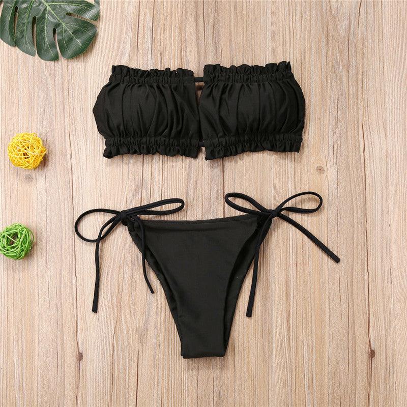 Folds Bikini Women Swimwear Bathing Suit Women's Ruffle Tie Side Bikini Set High Cut Strapless Padded Solid Bathing Suit Bikini Micro Swimsuit Female Push up Two-Piece Suit Summer Stevvex