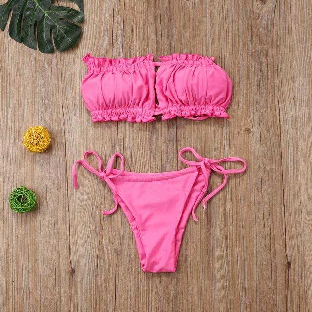 Folds Bikini Women Swimwear Bathing Suit Women's Ruffle Tie Side Bikini Set High Cut Strapless Padded Solid Bathing Suit Bikini Micro Swimsuit Female Push up Two-Piece Suit Summer Stevvex