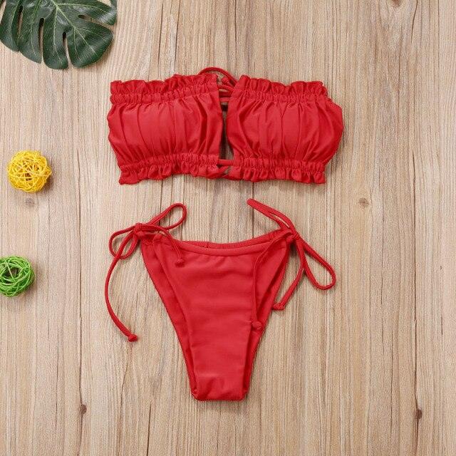Folds Bikini Women Swimwear Bathing Suit Women's Ruffle Tie Side Bikini Set High Cut Strapless Padded Solid Bathing Suit Bikini Micro Swimsuit Female Push up Two-Piece Suit Summer Stevvex