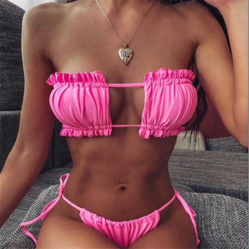 Folds Bikini Women Swimwear Bathing Suit Women's Ruffle Tie Side Bikini Set High Cut Strapless Padded Solid Bathing Suit Bikini Micro Swimsuit Female Push up Two-Piece Suit Summer Stevvex
