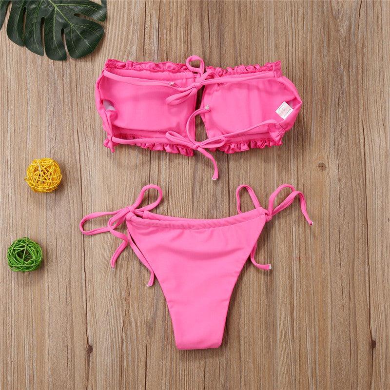Folds Bikini Women Swimwear Bathing Suit Women's Ruffle Tie Side Bikini Set High Cut Strapless Padded Solid Bathing Suit Bikini Micro Swimsuit Female Push up Two-Piece Suit Summer Stevvex