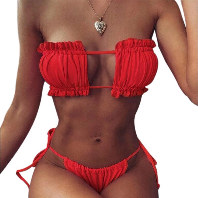 Folds Bikini Women Swimwear Bathing Suit Women's Ruffle Tie Side Bikini Set High Cut Strapless Padded Solid Bathing Suit Bikini Micro Swimsuit Female Push up Two-Piece Suit Summer Stevvex