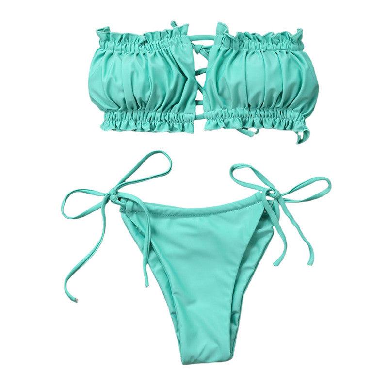 Folds Bikini Women Swimwear Bathing Suit Women's Ruffle Tie Side Bikini Set High Cut Strapless Padded Solid Bathing Suit Bikini Micro Swimsuit Female Push up Two-Piece Suit Summer Stevvex