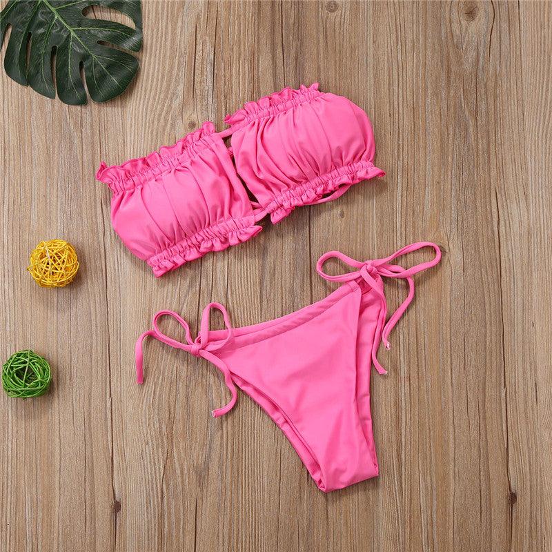 Folds Bikini Women Swimwear Bathing Suit Women's Ruffle Tie Side Bikini Set High Cut Strapless Padded Solid Bathing Suit Bikini Micro Swimsuit Female Push up Two-Piece Suit Summer Stevvex