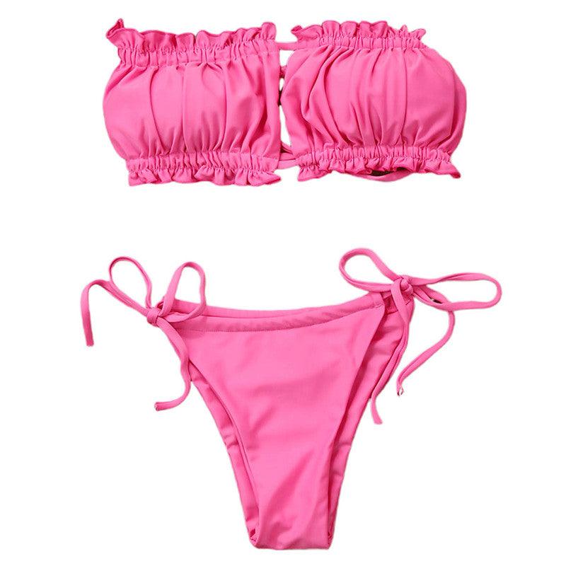 Folds Bikini Women Swimwear Bathing Suit Women's Ruffle Tie Side Bikini Set High Cut Strapless Padded Solid Bathing Suit Bikini Micro Swimsuit Female Push up Two-Piece Suit Summer Stevvex