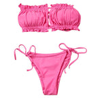 Folds Bikini Women Swimwear Bathing Suit Women's Ruffle Tie Side Bikini Set High Cut Strapless Padded Solid Bathing Suit Bikini Micro Swimsuit Female Push up Two-Piece Suit Summer Stevvex