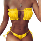 Folds Bikini Women Swimwear Bathing Suit Women's Ruffle Tie Side Bikini Set High Cut Strapless Padded Solid Bathing Suit Bikini Micro Swimsuit Female Push up Two-Piece Suit Summer Stevvex