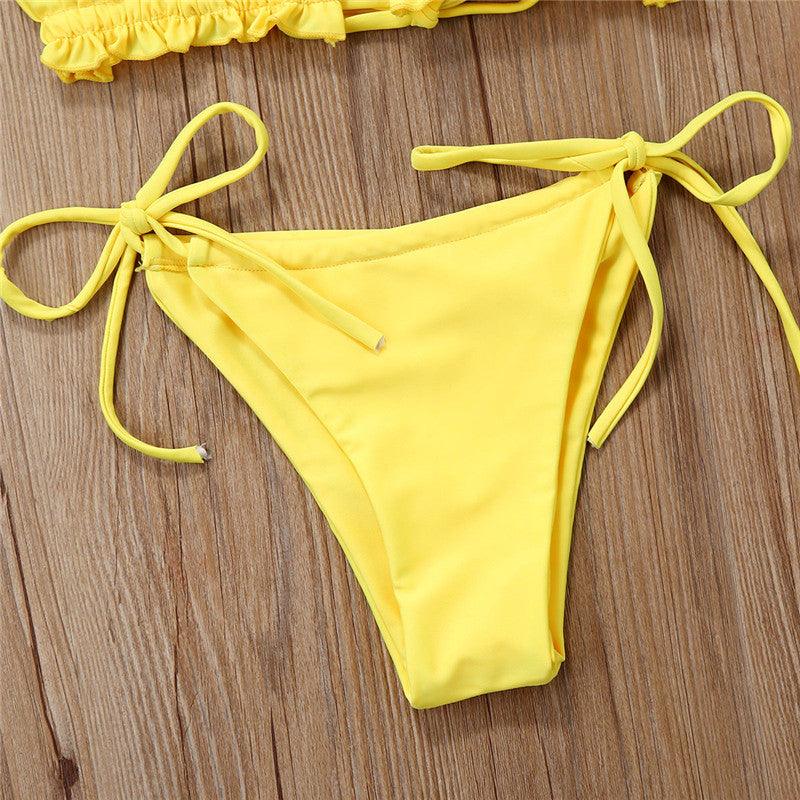 Folds Bikini Women Swimwear Bathing Suit Women's Ruffle Tie Side Bikini Set High Cut Strapless Padded Solid Bathing Suit Bikini Micro Swimsuit Female Push up Two-Piece Suit Summer Stevvex