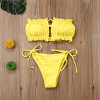 Folds Bikini Women Swimwear Bathing Suit Women's Ruffle Tie Side Bikini Set High Cut Strapless Padded Solid Bathing Suit Bikini Micro Swimsuit Female Push up Two-Piece Suit Summer Stevvex