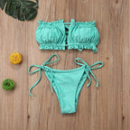Folds Bikini Women Swimwear Bathing Suit Women's Ruffle Tie Side Bikini Set High Cut Strapless Padded Solid Bathing Suit Bikini Micro Swimsuit Female Push up Two-Piece Suit Summer Stevvex