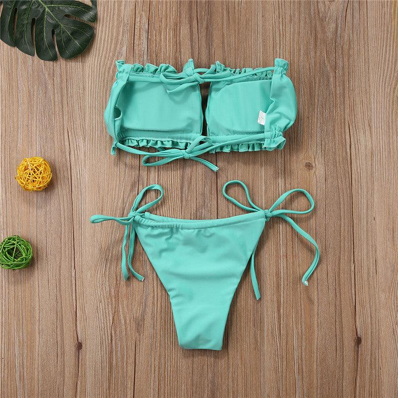 Folds Bikini Women Swimwear Bathing Suit Women's Ruffle Tie Side Bikini Set High Cut Strapless Padded Solid Bathing Suit Bikini Micro Swimsuit Female Push up Two-Piece Suit Summer Stevvex