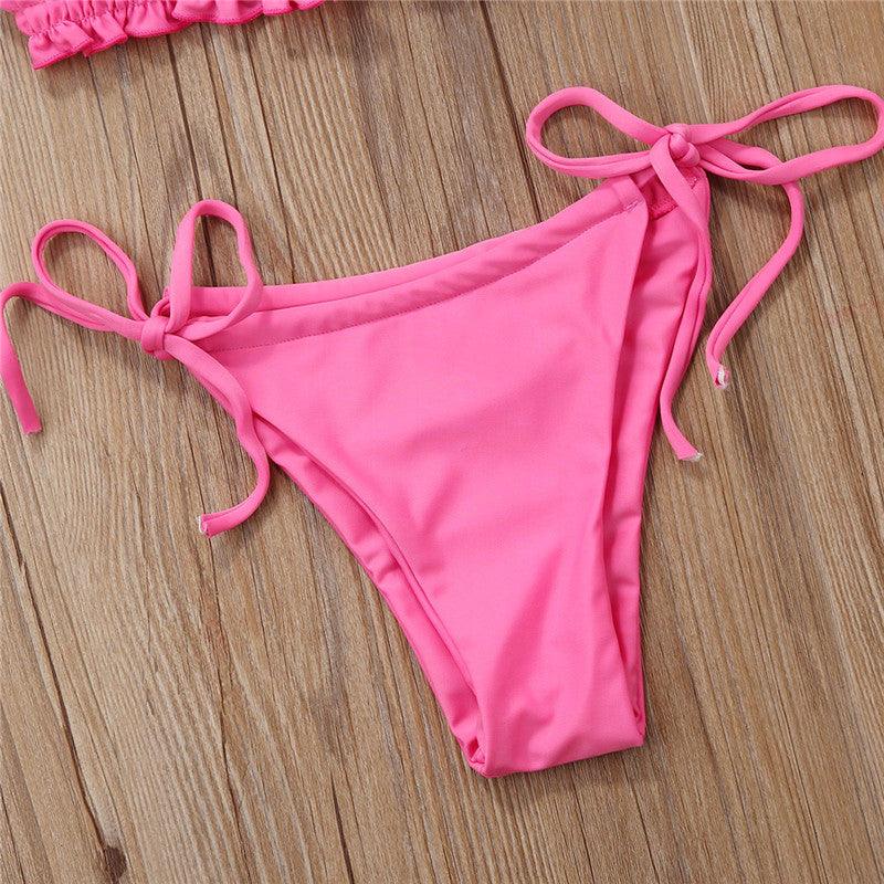 Folds Bikini Women Swimwear Bathing Suit Women's Ruffle Tie Side Bikini Set High Cut Strapless Padded Solid Bathing Suit Bikini Micro Swimsuit Female Push up Two-Piece Suit Summer Stevvex
