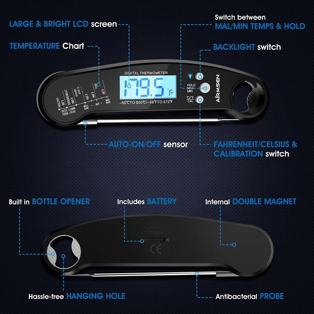 Food Kitchen Digital Meat Thermometer Waterproof Kitchen Food Cooking Thermometer with Backlight LCD Best Super Fast Electric Meat Thermometer Probe for BBQ Grilling Baking  BBQ Waterproof Kitchen Cooking Tools Stevvex