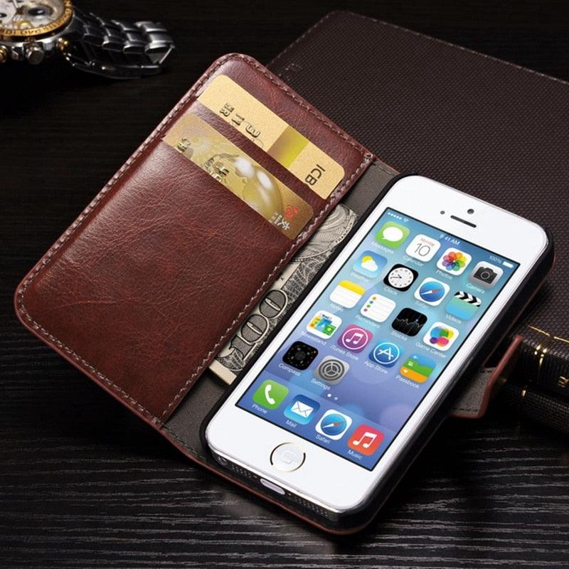 For iPhone X Case Cover for iPhone 8 7 6 6S Plus 5 5S 5SE Luxury PU Leather Flip Wallet Phone Cases Black Simple Card Holder With Magnetic Button Flip Leather Cover Stevvex