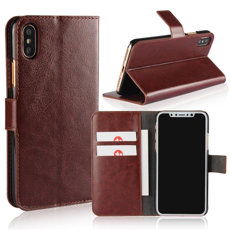For iPhone X Case Cover for iPhone 8 7 6 6S Plus 5 5S 5SE Luxury PU Leather Flip Wallet Phone Cases Black Simple Card Holder With Magnetic Button Flip Leather Cover Stevvex