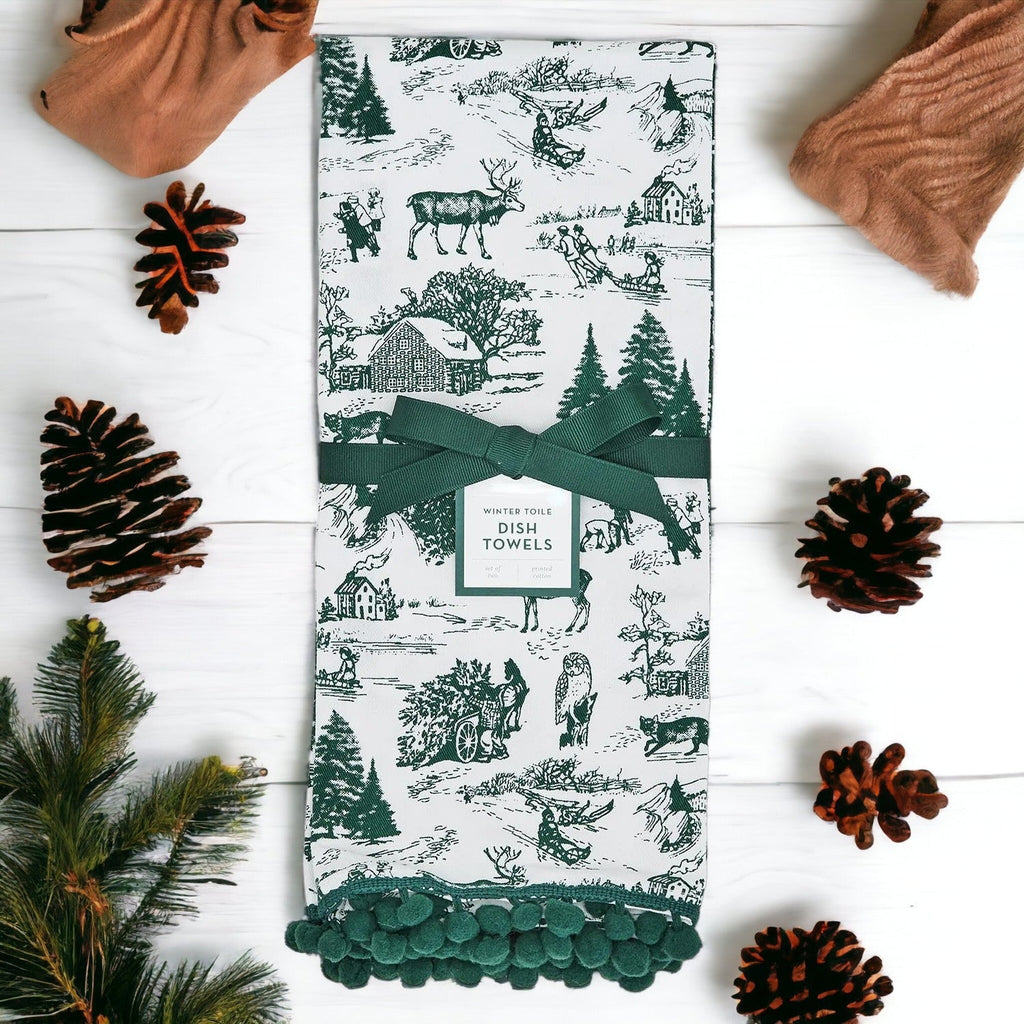 Forest Green Christmas Dish Towels Of 2 - 100 Percent Cotton Super Absorbent