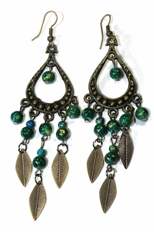 Free Spirit Leaf Dangle Earrings Boho Green Bead Brass