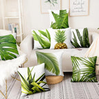 Fresh Green Leaves Digital Printed Pillowcase Home Pillow Decoration Tropical Green Leaves Throw Pillow Cover With Geometric Background Home Decorative Square Cushion Covers Cotton Linen Home Decor 45x45CM Stevvex