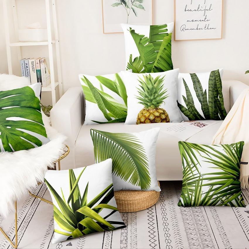 Fresh Green Leaves Digital Printed Pillowcase Home Pillow Decoration Tropical Green Leaves Throw Pillow Cover With Geometric Background Home Decorative Square Cushion Covers Cotton Linen Home Decor 45x45CM Stevvex