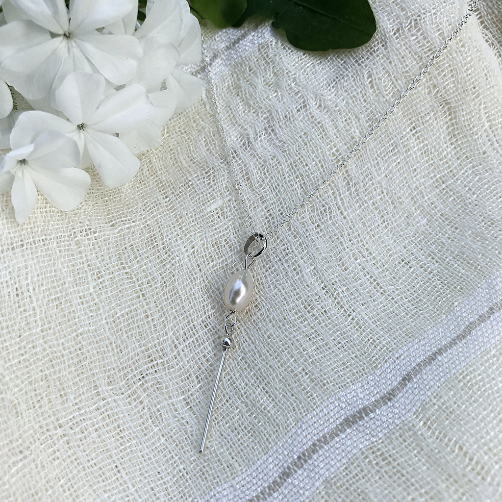 Freshwater Pearl Bar Necklace Sterling Silver Dainty Minimal 20in Chain 1.75in BandsCo Straps