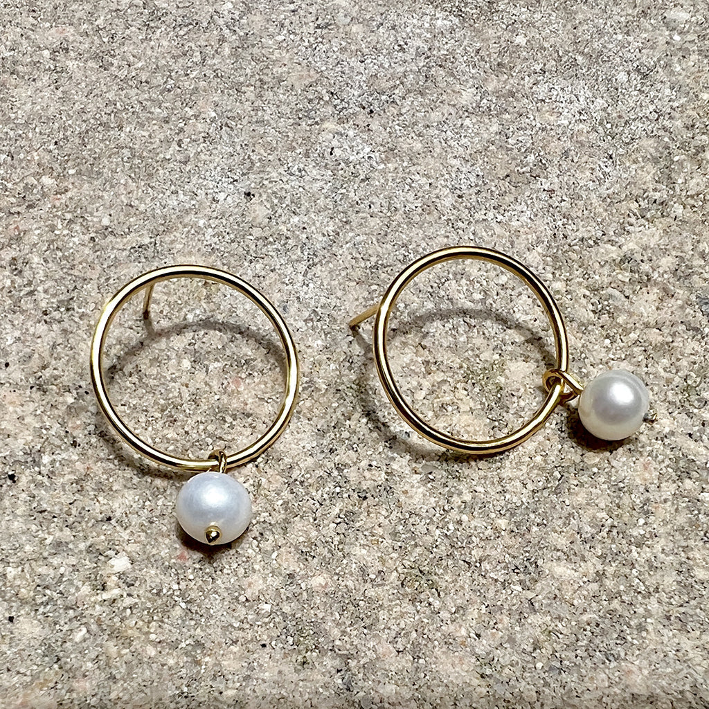 Freshwater Pearl Circle Earrings Gold Plated Recycled Shell Handmade BandsCo Straps