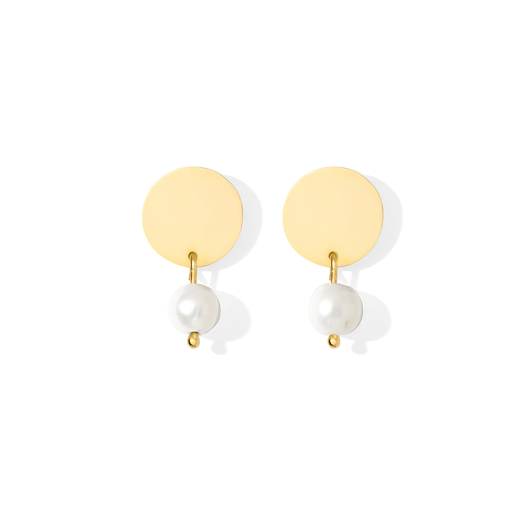 Freshwater Pearl Disc Earrings Recycled Shell Gold Plated Minimalist 1920s BandsCo Straps