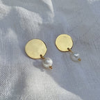 Freshwater Pearl Disc Earrings Recycled Shell Gold Plated Minimalist 1920s BandsCo Straps