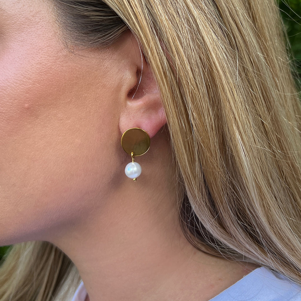 Freshwater Pearl Disc Earrings Recycled Shell Gold Plated Minimalist 1920s BandsCo Straps