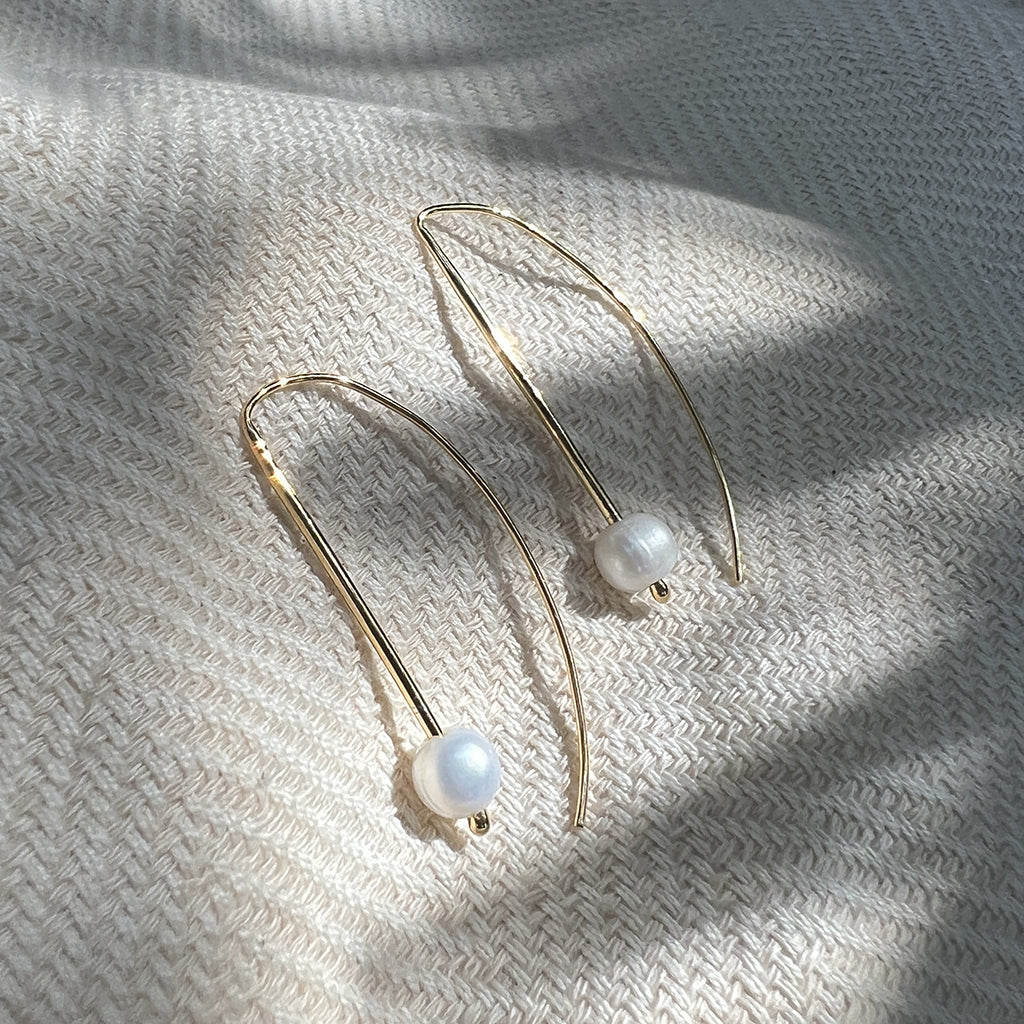 Freshwater Pearl Hook Earrings Gold Plated Recycled Shell Minimalist Jewelry BandsCo Straps