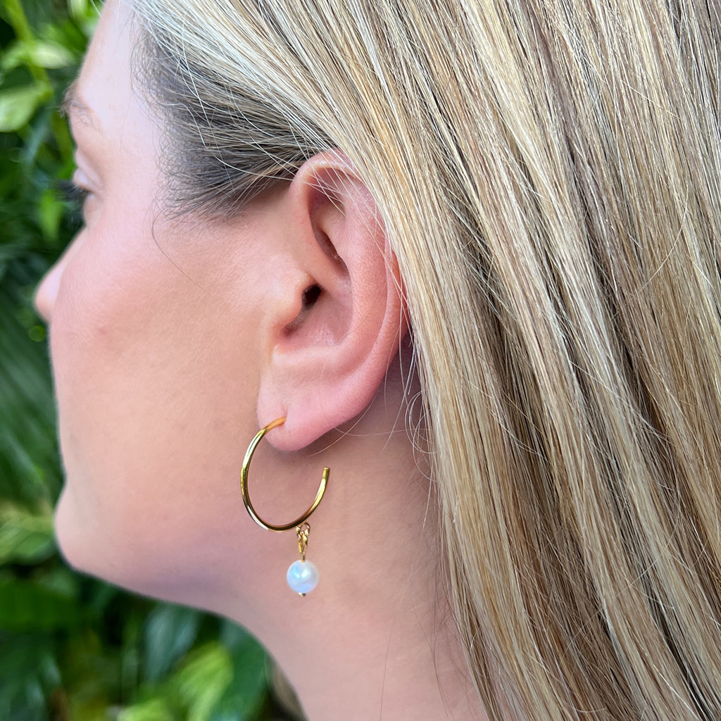 Freshwater Pearl Hoop Earrings Gold Plated Recycled Shell Brass Minimal BandsCo Straps