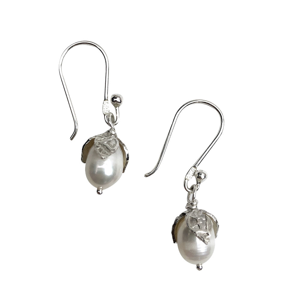 Freshwater Pearl Teardrop Earrings Sterling Silver Leaf Detail 1.5in Handmade BandsCo Straps