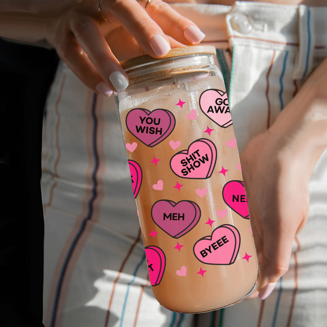 Funny Candy Heart Glass Cup 20oz With Bamboo Lid - Sarcastic V Day Gift BandsCo Straps