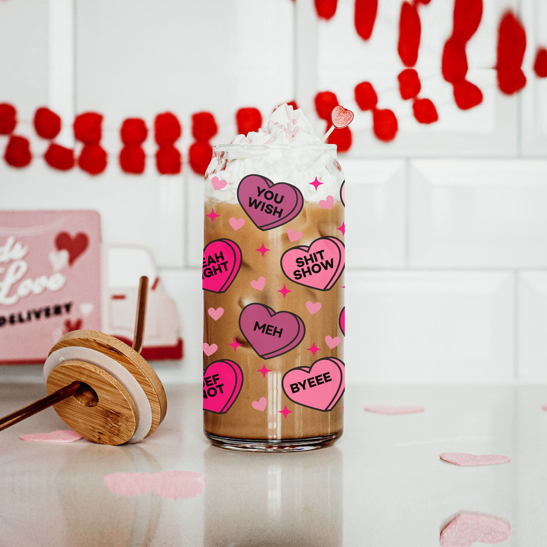 Funny Candy Heart Glass Cup 20oz With Bamboo Lid - Sarcastic V Day Gift BandsCo Straps