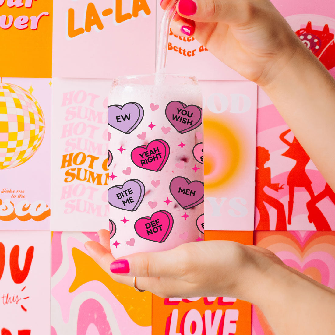 Funny Candy Heart Glass Cup 20oz With Bamboo Lid - Sarcastic V Day Gift BandsCo Straps