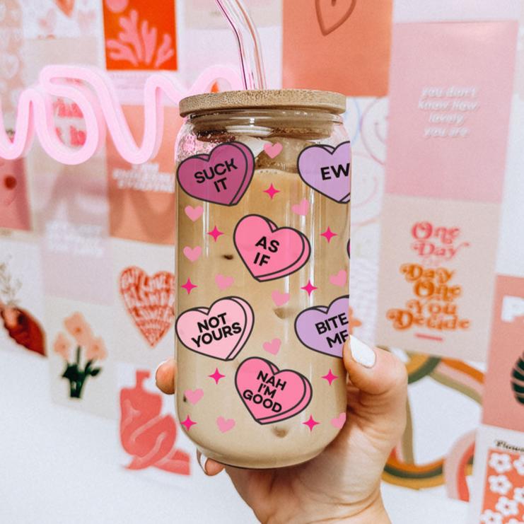 Funny Candy Heart Glass Cup 20oz With Bamboo Lid - Sarcastic V Day Gift BandsCo Straps