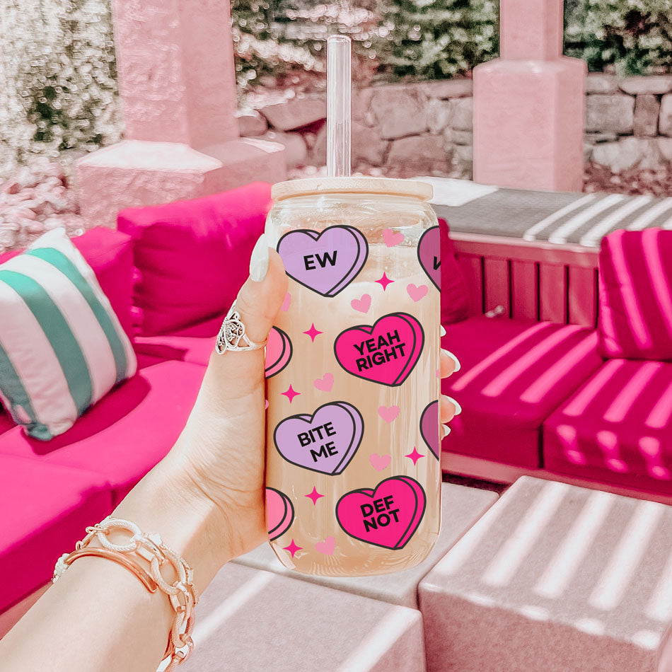 Funny Candy Heart Glass Cup 20oz With Bamboo Lid - Sarcastic V Day Gift BandsCo Straps