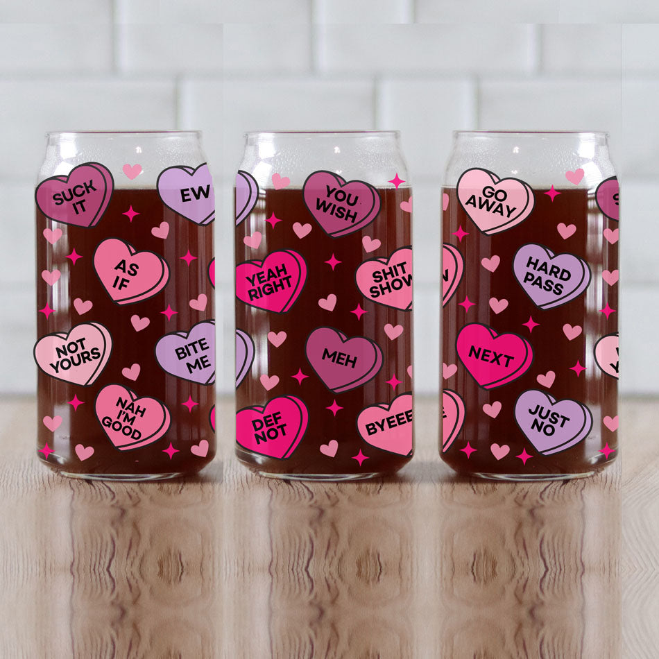 Funny Candy Heart Glass Cup 20oz With Bamboo Lid - Sarcastic V Day Gift BandsCo Straps