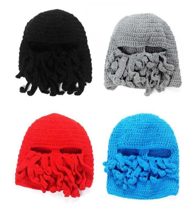 Funny Party Octopus Beard Hat Unisex Animal Cthulhu Crocheted Tentacle Knit Wind Mask Ski Cap Halloween Hats Bear Boys Octopus Beanie Hat For Men Winter Warm Skiing Biking Costume Squid Mask Foldaway Beard Octopus Pirate Hats Bearded Caps Stevvex